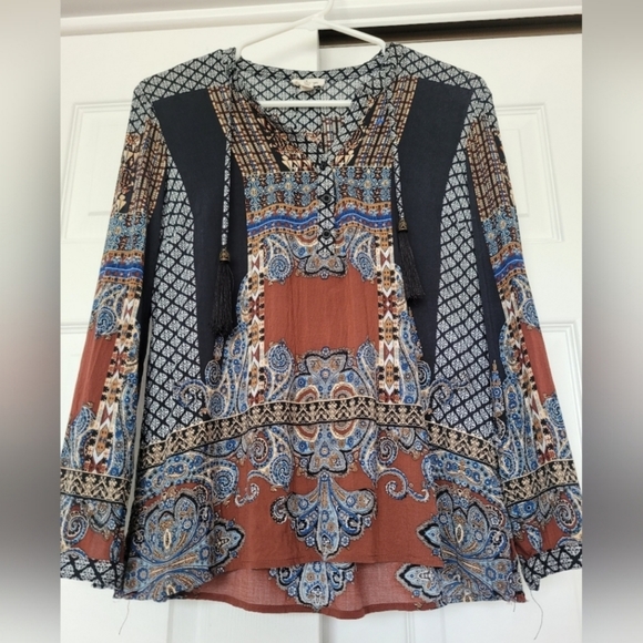 Tribal Jeans Arctic Dreamer Women's Blouse 100% Rayon Tassels Multicolor S/P - Picture 2 of 15